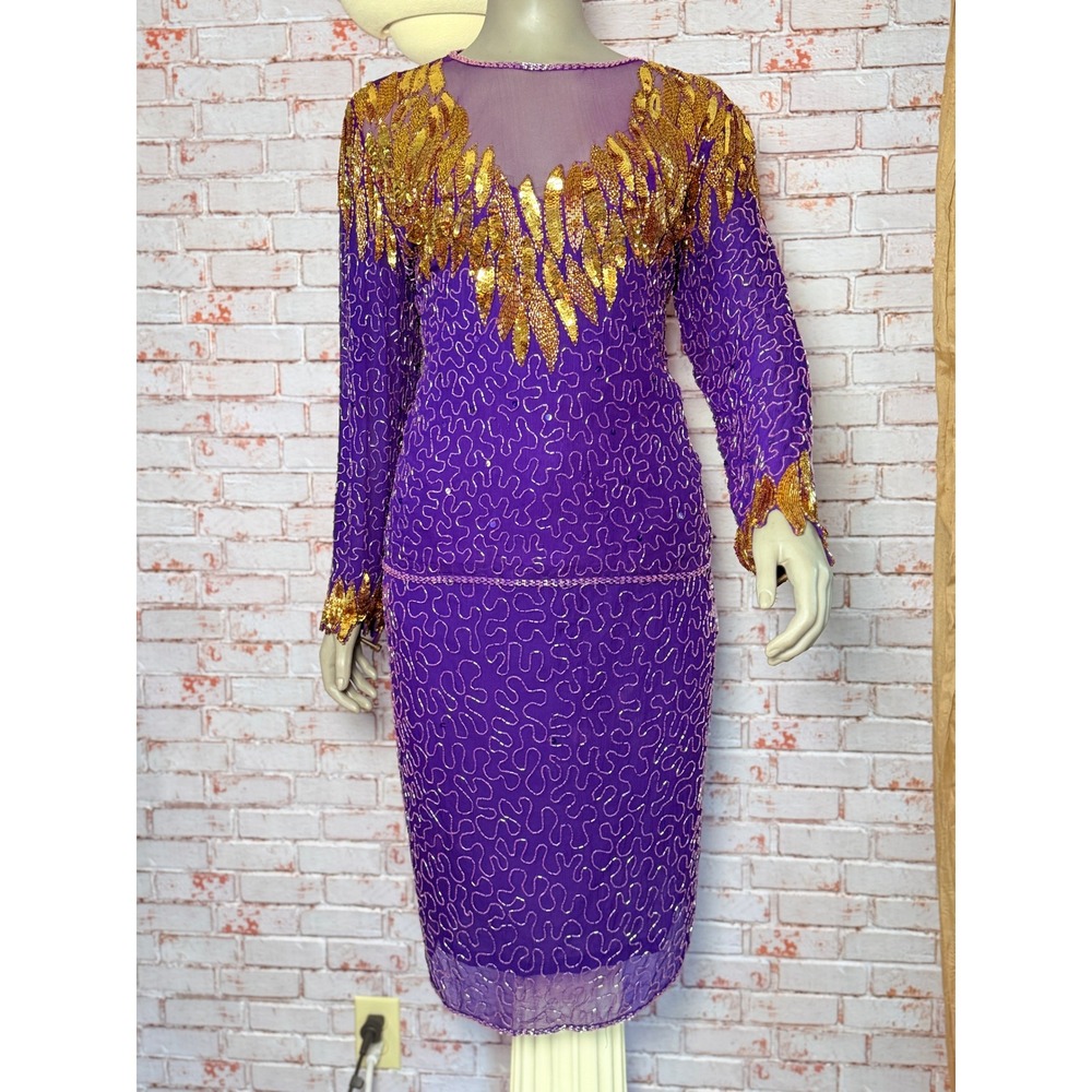 Vintage 80s Purple Silk Beaded Sequin 2 Piece Gala Skirt Set Gold Accents